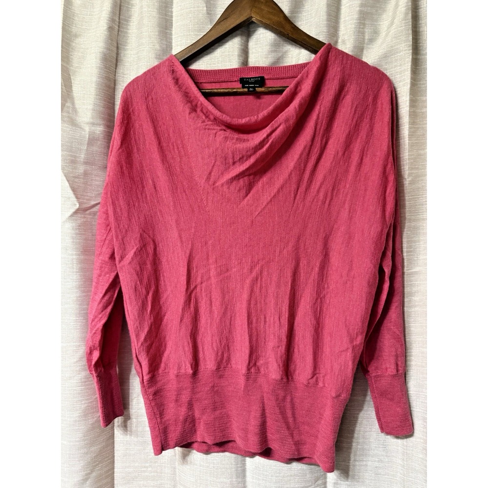 Talbots Pure Merino Wool Sweater Womens LP Medium Petite Pink Waterfall Neckline - Picture 1 of 6